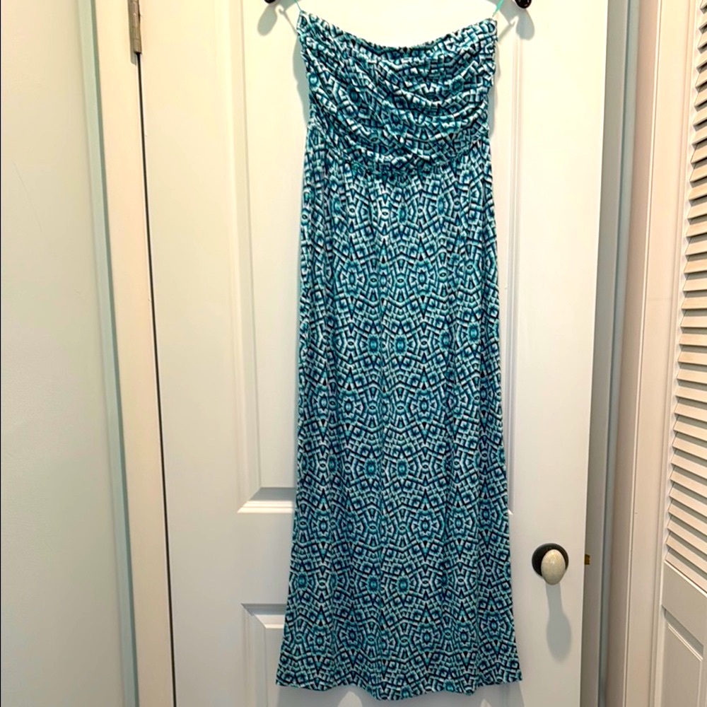 Tart Blue Green Ruched Strapless Sundress